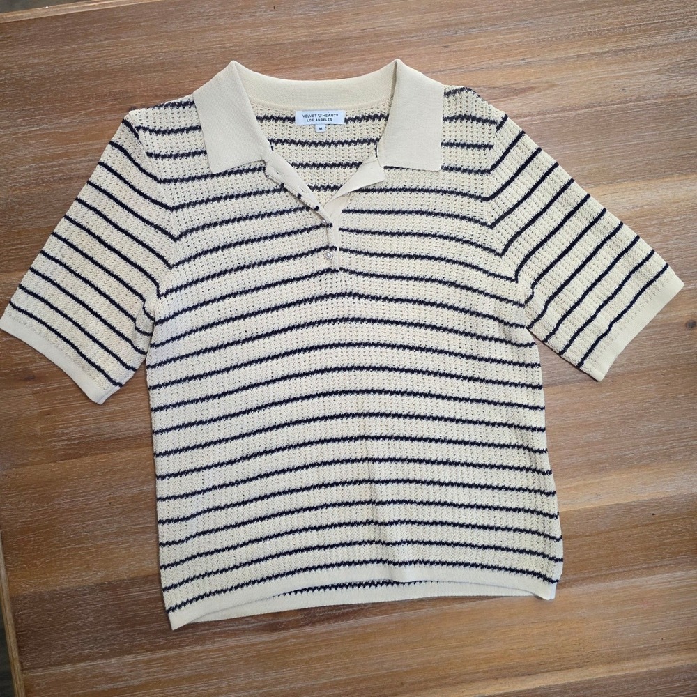 Velvet Heart Los Angeles Medium Striped Knit Top Cream Navy Pearl Button